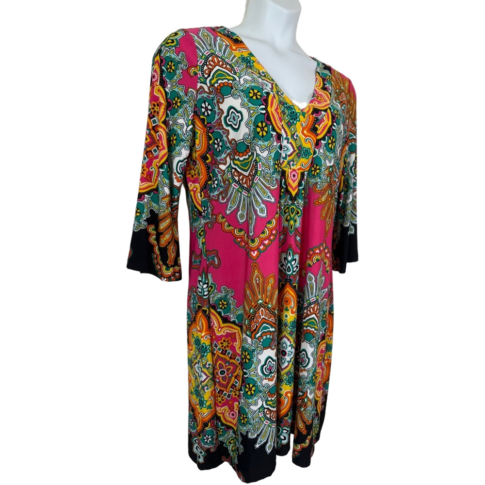 White Mark Pink and Green Paisley 3/4 Sleeve Midi Dress SKU0860